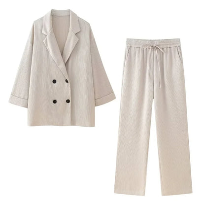 Conjunto elegante de blazer cruzada y pantalón palazzo para mujer – VÉRONIQUE