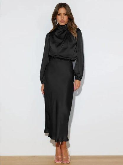 Vestido midi con cuello alto y mangas largas para mujer – VERIE