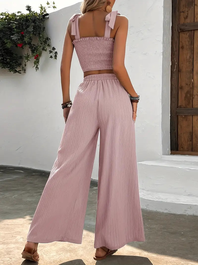 Conjunto veraniego de dos piezas con top fruncido y pantalón ancho – GAILA