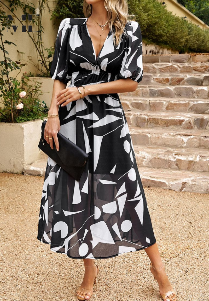 Amal – Vestido midi con escote en V y mangas abullonadas para mujer