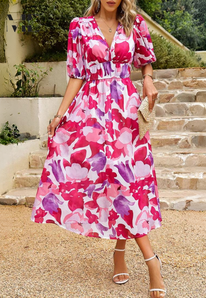 Vestido midi de mujer con escote en V y mangas abullonadas – FATIMA