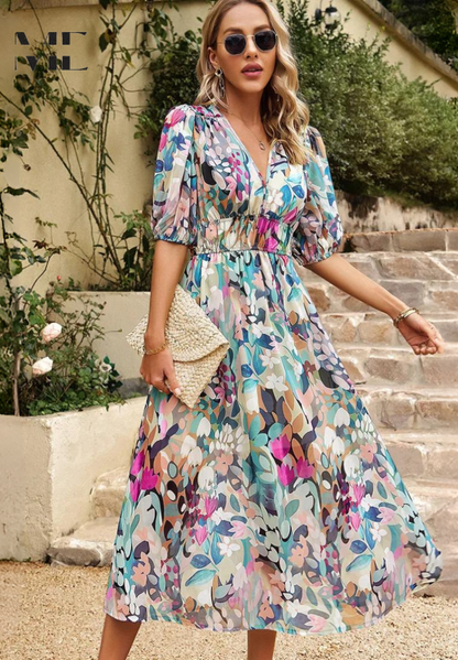 Vestido midi de mujer con escote en V y mangas abullonadas – FATIMA