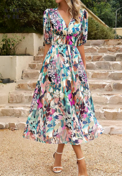 Amal – Vestido midi con escote en V y mangas abullonadas para mujer
