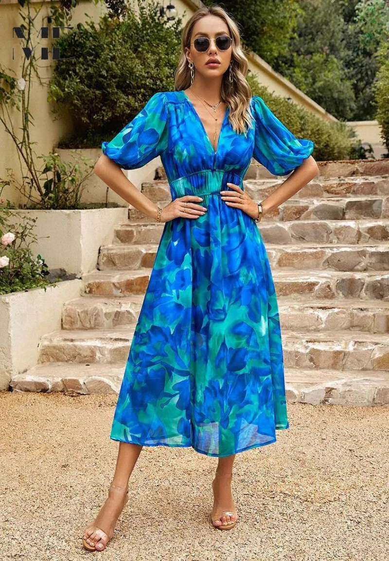 Amal – Vestido midi con escote en V y mangas abullonadas para mujer