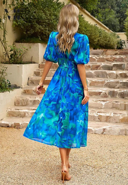 Amal – Vestido midi con escote en V y mangas abullonadas para mujer