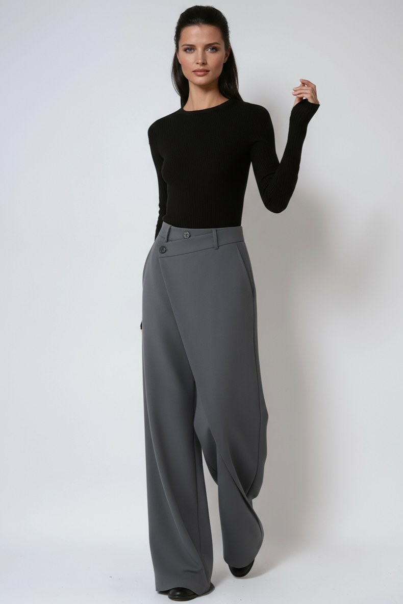 Pantalón fluido de mujer con pierna ancha y diseño cruzado – LÍVORA