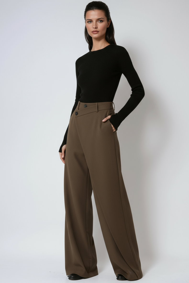 Pantalón fluido de mujer con pierna ancha y diseño cruzado – LÍVORA