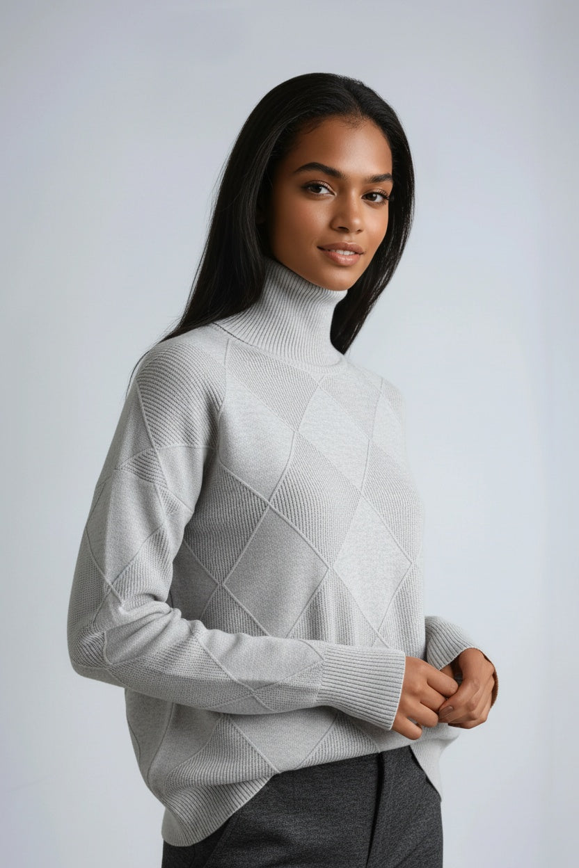 SKYRIA – Jersey de mujer con cuello alto y estampado de cuadros cálido