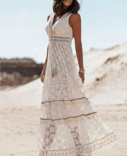 ELENA – Vestido maxi bohemio sin mangas con escote en V y abertura lateral para mujer