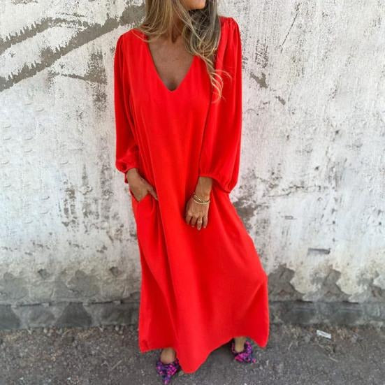 Vestido largo fluido con escote en V y mangas abullonadas – ODESSA