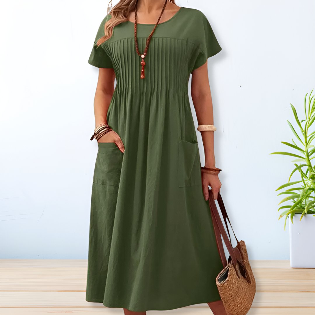 Vestido largo de verano con pliegues y mangas cortas para mujer – MAIA