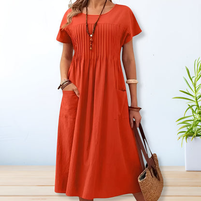 Vestido largo de verano con pliegues y mangas cortas para mujer – MAIA