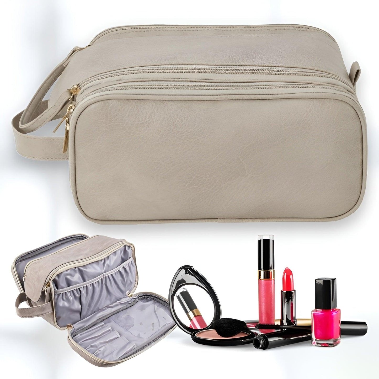 Organizador de maquillaje de lujo con doble cremallera y compartimentos organizados – BELLA
