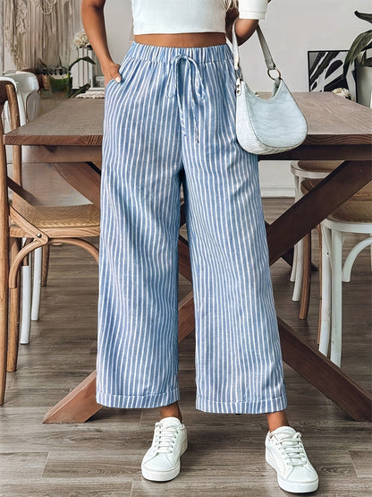 Pantalón recto de rayas con cintura elástica para mujer – LEONA