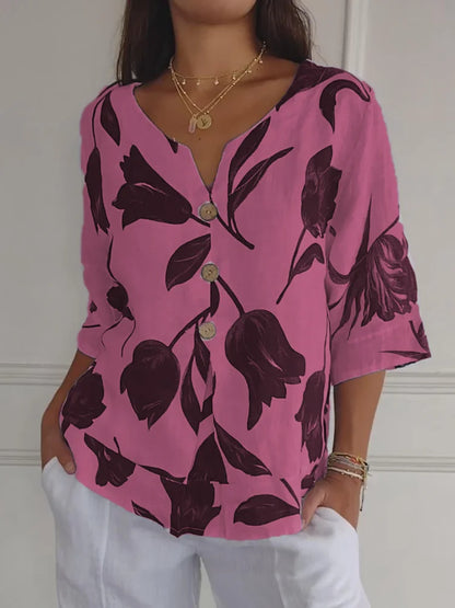 Blusa de flores con botones decorativos y manga 3/4 – FLORIANA BLOOM