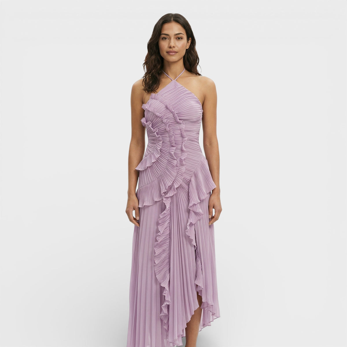 VALERIA – Vestido largo plisado con cuello halter para mujer