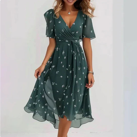 Florencia – Vestido midi de gasa floral con escote en V y mangas cortas para mujer
