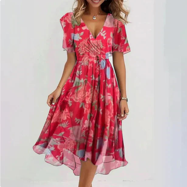 Florencia – Vestido midi de gasa floral con escote en V y mangas cortas para mujer