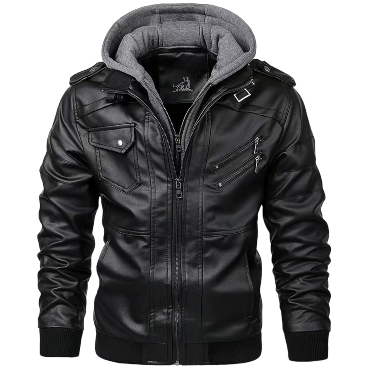 FABIO - Chaqueta de cuero con capucha y cremallera para hombre