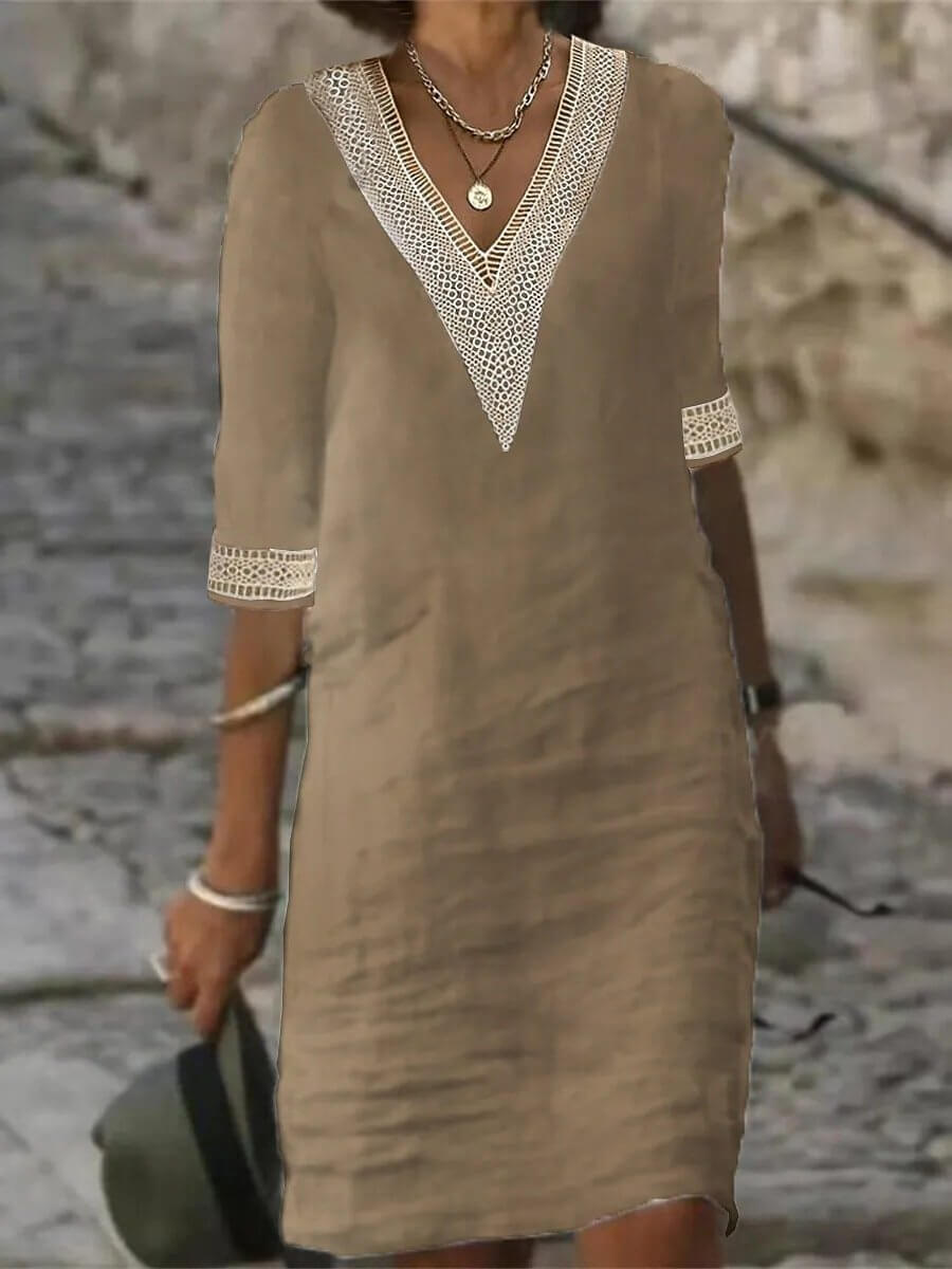 Vestido de mujer con escote en V y detalles de encaje – ARVANÉ