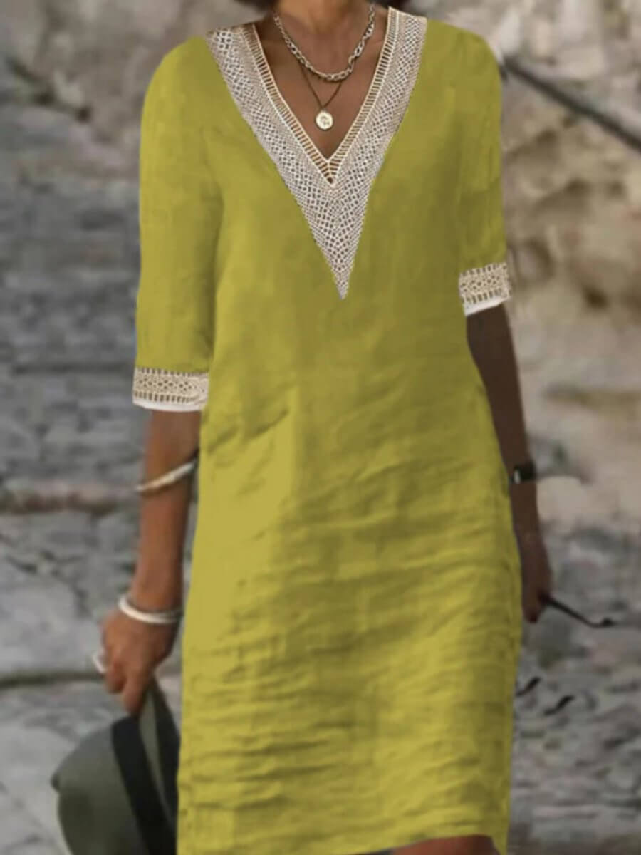 Vestido de mujer con escote en V y detalles de encaje – ARVANÉ