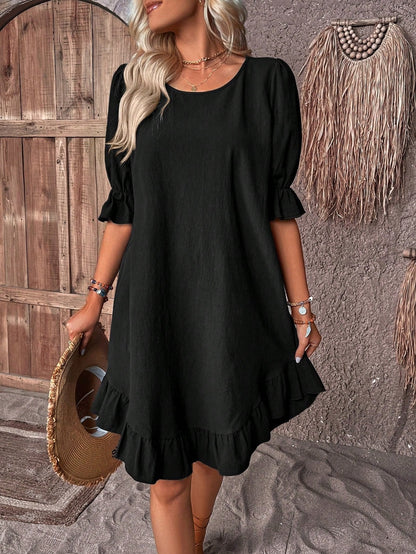 BEATRIZ – Vestido mini de lino con volantes y mangas abullonadas para mujer