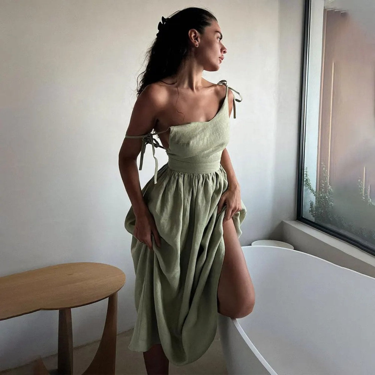 ELISA – Vestido largo de lino sin mangas con espalda abierta y lazo ajustable para mujer