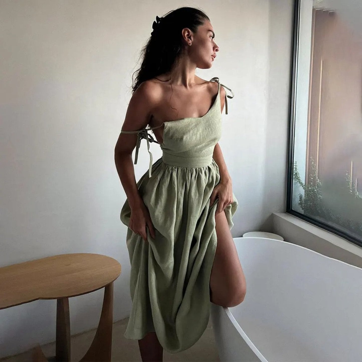 MARCELA – Vestido largo de lino sin mangas con espalda abierta y lazo ajustable