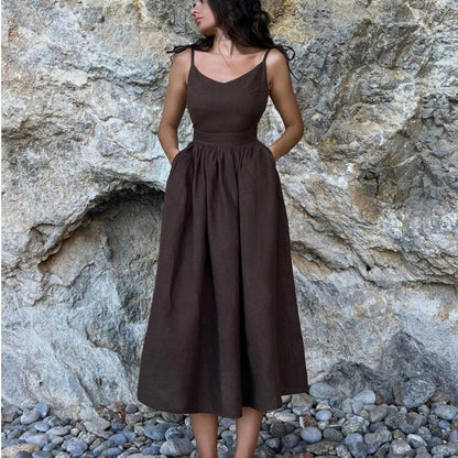 MARCELA – Vestido largo de lino sin mangas con espalda abierta y lazo ajustable