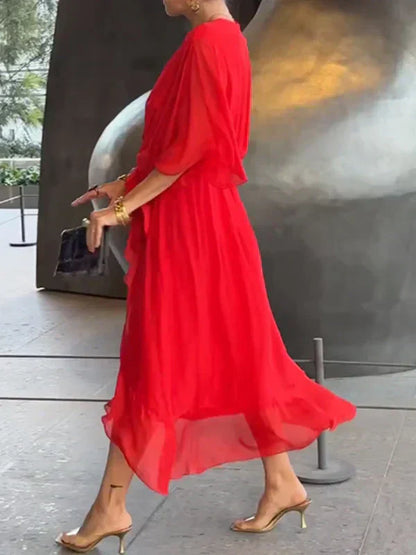 Vestido cruzado midi con cinturón y escote en pico – NAELLA