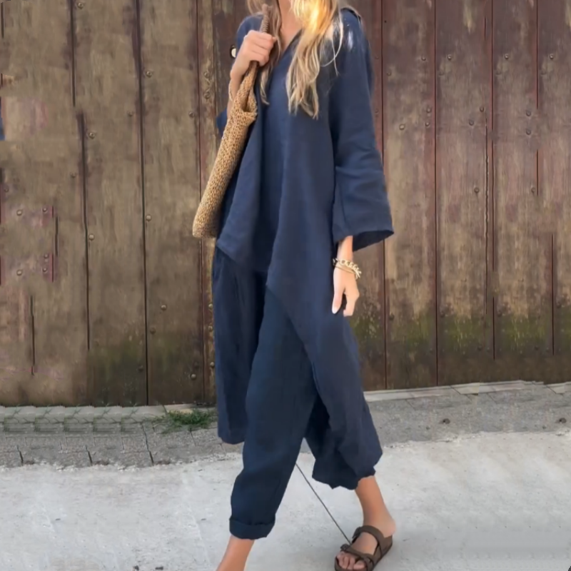 Conjunto de verano de dos piezas con top sin mangas y pantalón fluido – JUNA