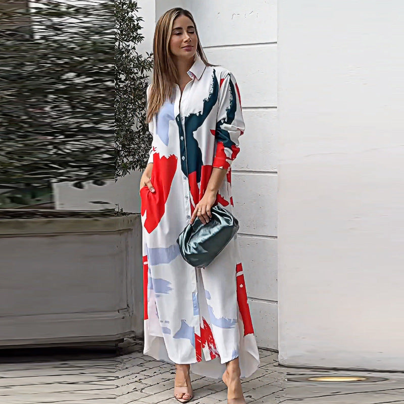 Vestido largo con estampado elegante y mangas flotantes – ISABELLE