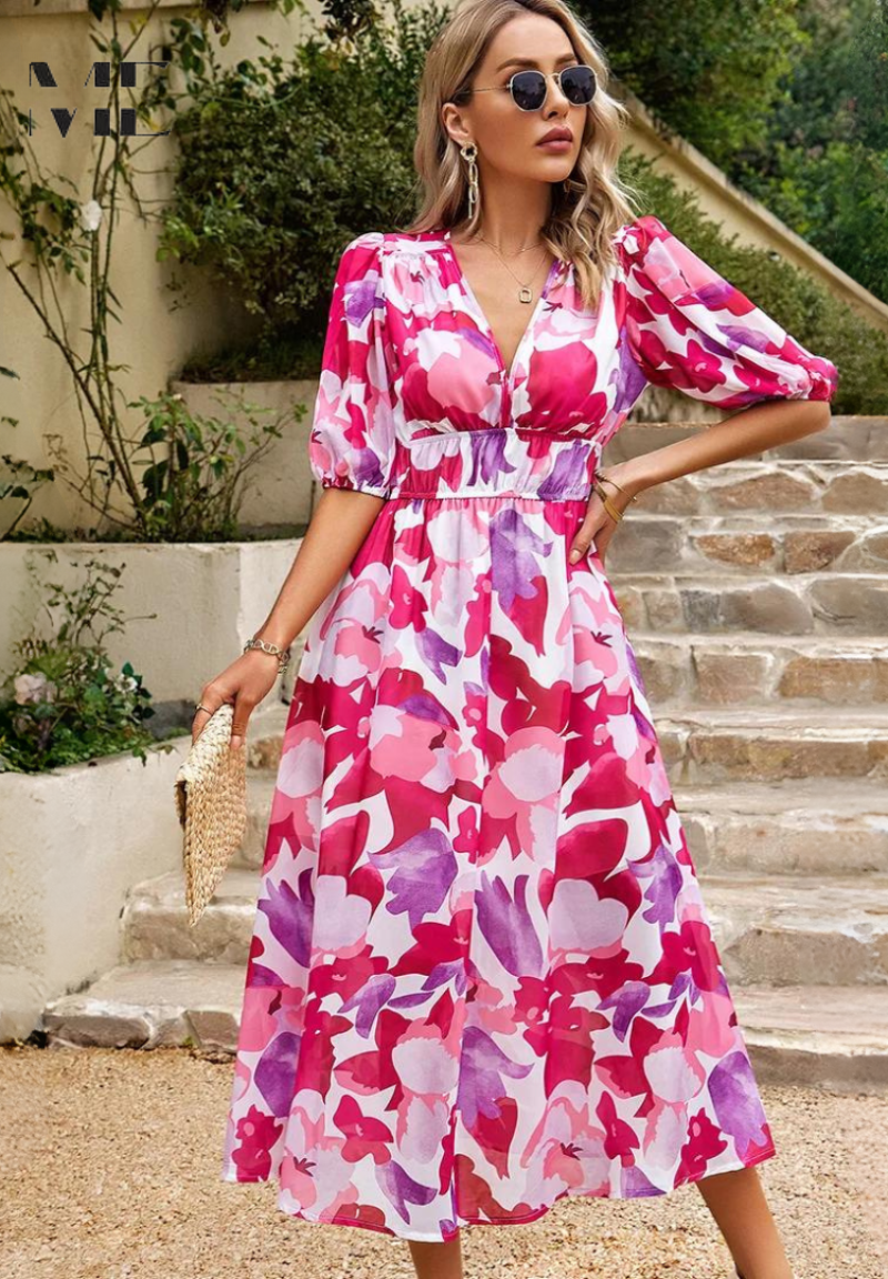 Florelle – Vestido midi floral con escote en V para invitada de boda