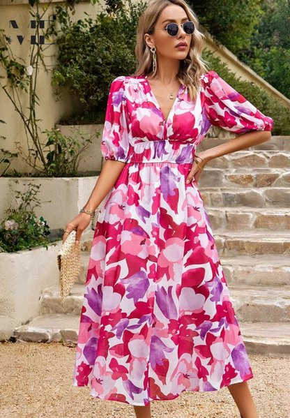 Florelle – Vestido midi floral con escote en V para invitada de boda