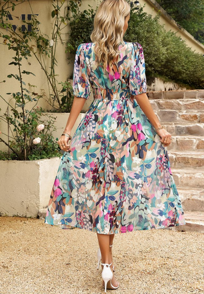 Florelle – Vestido midi floral con escote en V para invitada de boda
